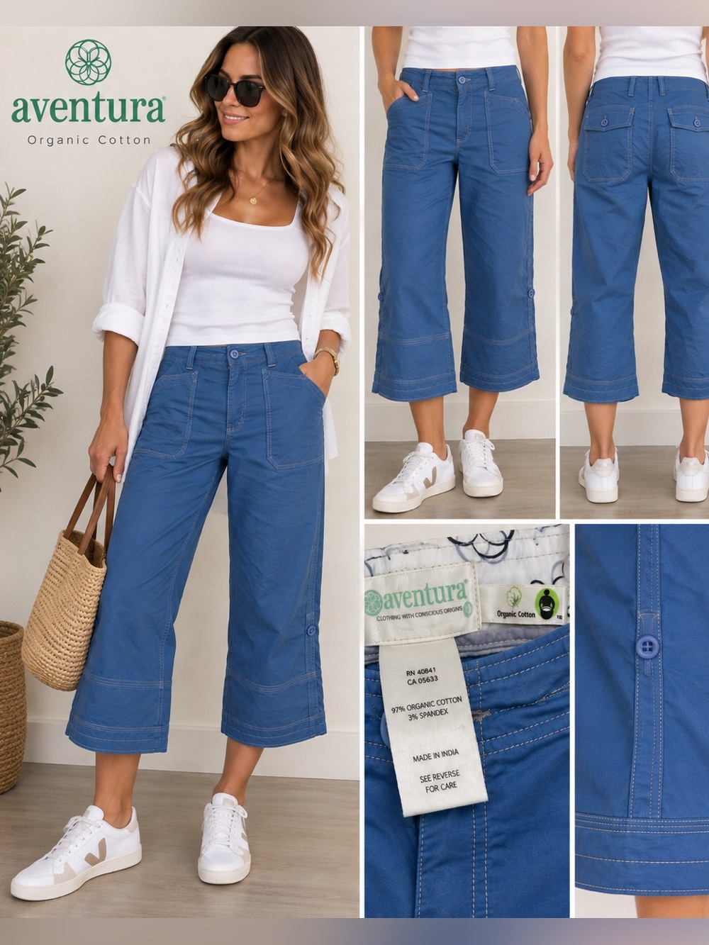 Aventura Women’s Blue Organic Cotton Cropped Utility Pants Wide Leg